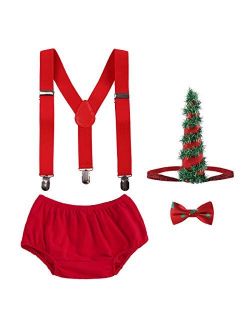 Cake Smash Outfits Baby Boy 1st Birthday Christmas Costume Bloomers Party Suspenders Bowtie Clothes Set 4pcs Red Green Green Unicorn Ears