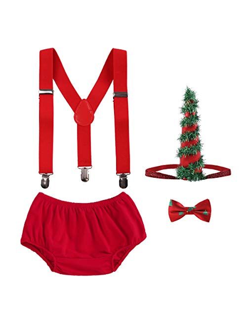 IBTOM CASTLE Cake Smash Outfits Baby Boy 1st Birthday Christmas Costume Bloomers Party Suspenders Bowtie Clothes Set 4pcs Red+Green Green Unicorn Ears