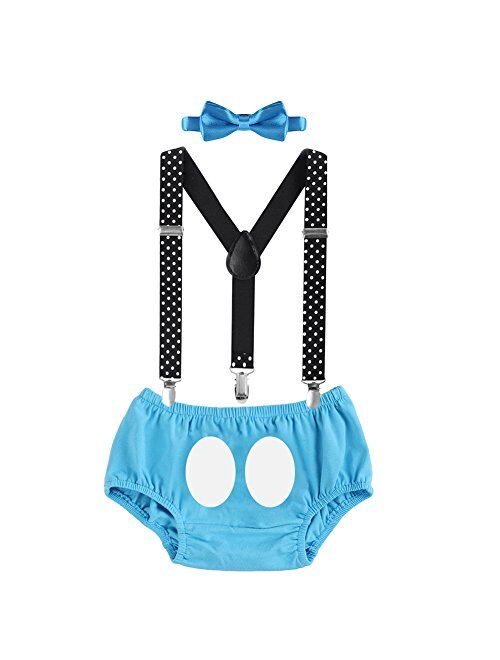 IBTOM CASTLE Baby Boy's Cake Smash 1st/2nd/3rd Birthday Bowtie Outfits Y Back Clip Adjustable Suspenders Costume Bloomers Clothes Set