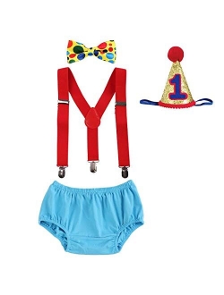 Baby Boys First Half Birthday Circus Cake Smash Clothes Diaper Bow Tie Suspender Clown Outfit Set W/Hat for Photography Party