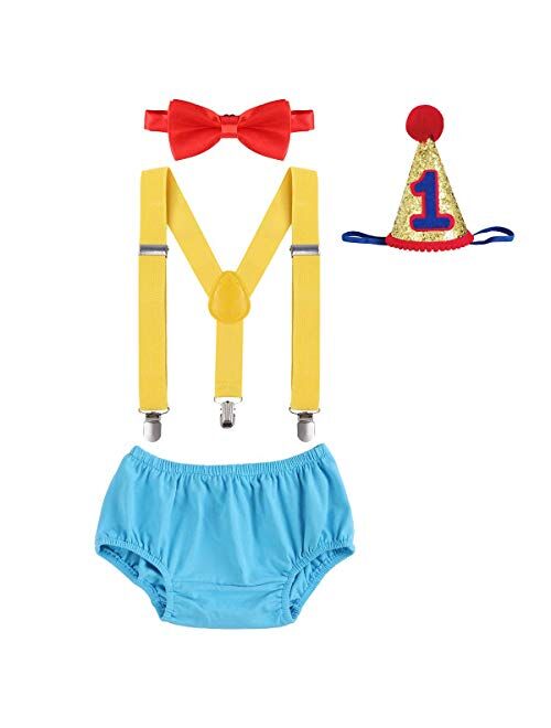 IBTOM CASTLE Baby Boys First Half Birthday Circus Cake Smash Clothes Diaper Bow Tie Suspender Clown Outfit Set W/Hat for Photography Party