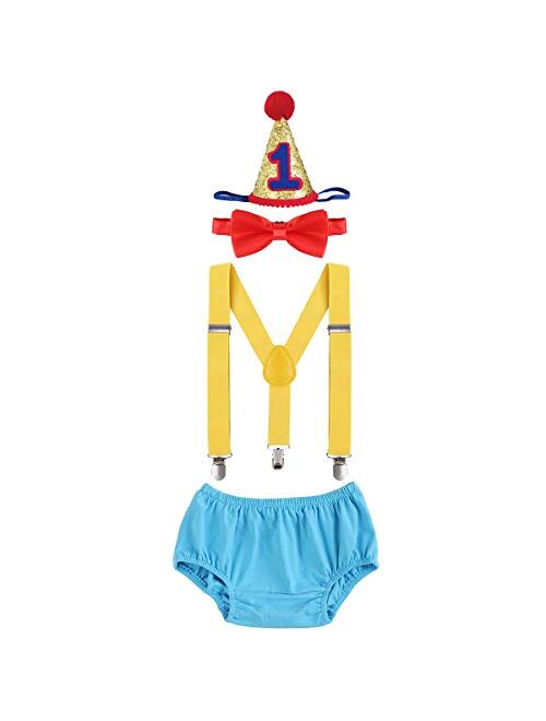 IBTOM CASTLE Baby Boys First Half Birthday Circus Cake Smash Clothes Diaper Bow Tie Suspender Clown Outfit Set W/Hat for Photography Party