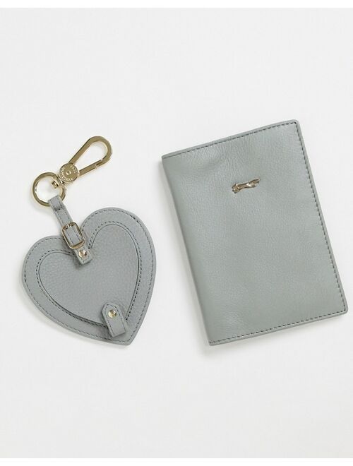 Paul Costelloe leather heart keychain and passport holder gift set in sage green
