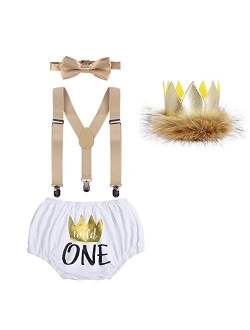 Baby Boys Cake Smash Outfits Wild One Crown for 1st 2nd Birthday Party 4PCS Shorts Bowtie Suspenders Headbands Clothes
