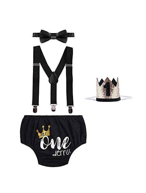 IBTOM CASTLE Baby Boys Cake Smash Outfits Wild One Crown for 1st 2nd Birthday Party 4PCS Shorts Bowtie Suspenders Headbands Clothes