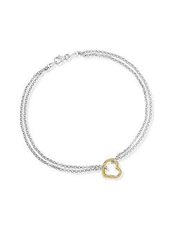 Sterling Silver and 14kt Yellow Gold Heart Center Anklet. 10 inches