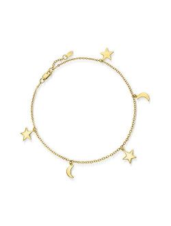 14kt Yellow Gold Star and Moon Charm Anklet. 9 inches