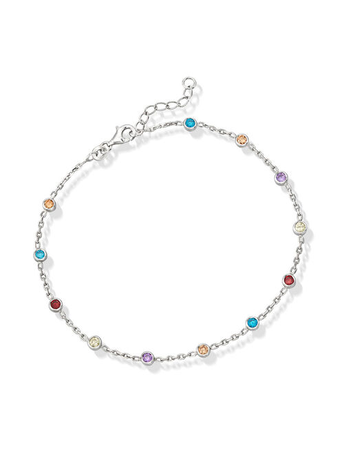 Ross-Simons 1.20 ct. t.w. Multicolored CZ Station Anklet in Sterling Silver