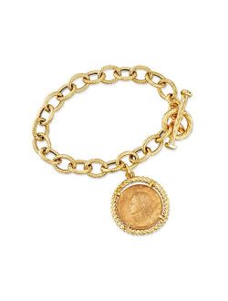 Italian 18kt Gold Over Sterling Replica Lira Coin and Oval Link Toggle Bracelet. 7 inches