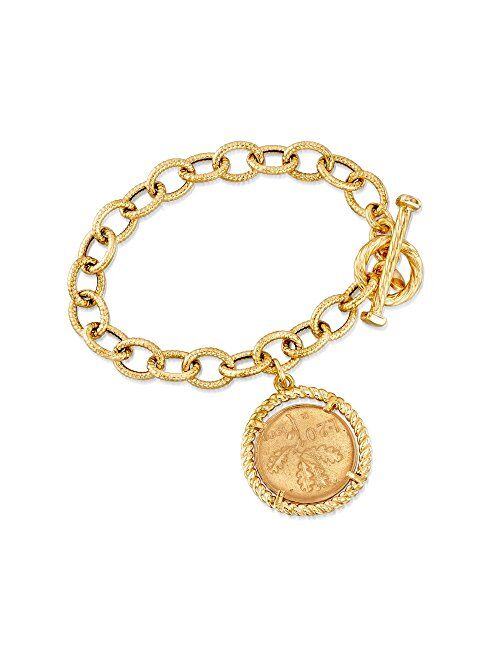 Ross-Simons Italian 18kt Gold Over Sterling Replica Lira Coin and Oval Link Toggle Bracelet. 7 inches
