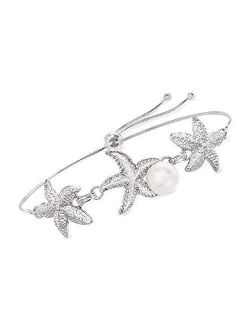 8.5-9mm Cultured Pearl Starfish Trio Bolo Bracelet in Sterling Silver