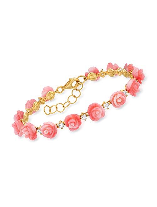 Ross-Simons Pink Coral and 1.40 ct. t.w. White Topaz Rose Bracelet in 18kt Gold Over Sterling