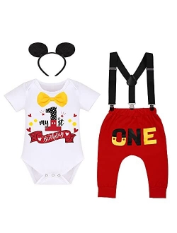 Baby Boys First Birthday Fancy Costume Cake Smash Outfits Suspenders Bloomers Bowtie Mouse Ear Photography Props 4PCS Set