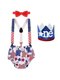 Baby Boy 1st Birthday Cake Smash Outfits Party Suspenders Diaper Nappy Cover Bow Tie Mouse Headband 4pcs Clothes Set