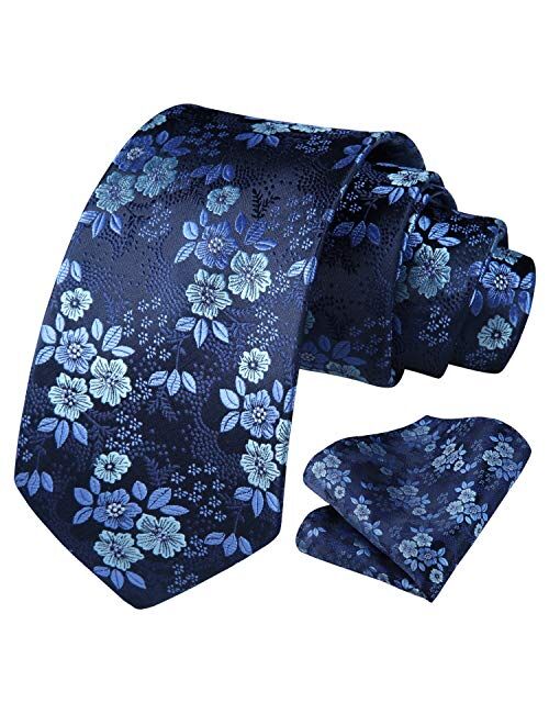 HISDERN Paisley Ties for Men Classic Extra Long Floral Tie and Pocket Square Formal Silk Necktie Handkerchief Set Wedding