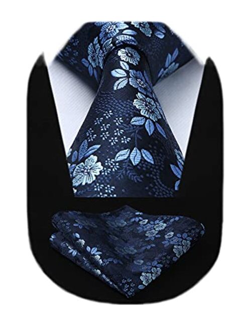 HISDERN Paisley Ties for Men Classic Extra Long Floral Tie and Pocket Square Formal Silk Necktie Handkerchief Set Wedding