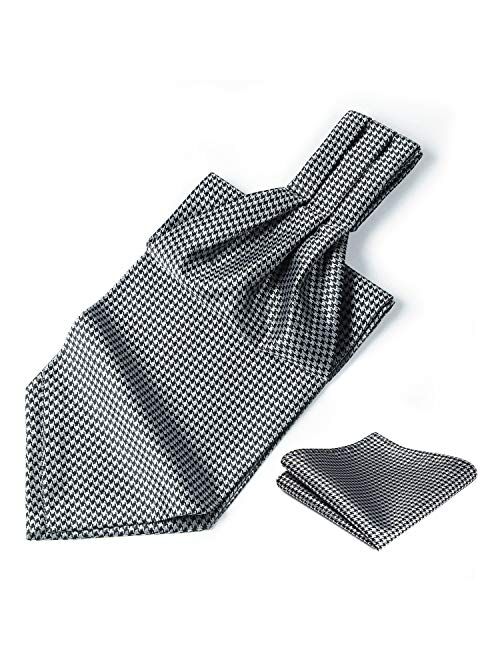 HISDERN Men's Ascot Houndstooth Dot Jacquard Woven Gift Cravat Tie and Pocket Square Set
