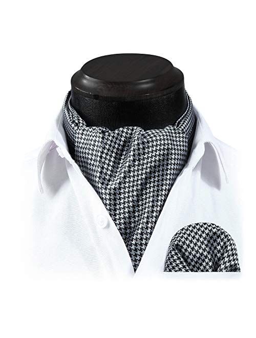 HISDERN Men's Ascot Houndstooth Dot Jacquard Woven Gift Cravat Tie and Pocket Square Set