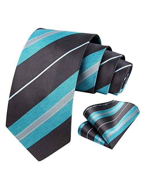 HISDERN Plaid Striped Tie for Men, Men's Classic Tie Necktie Handkerchief, Woven Jacquard Neck Ties with Pocket Square