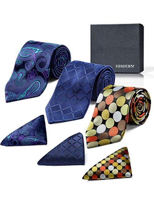 HISDERN Lot 3 PCS Classic Men's Tie Set Necktie & Pocket Square Elegant Neck Ties Collection
