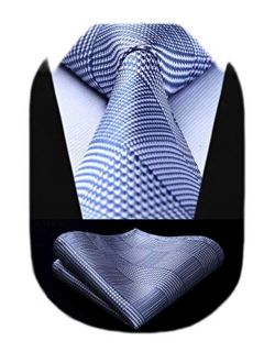 HISDERN Extra Long Check Tie Handkerchief Mens Necktie & Pocket Square Set 