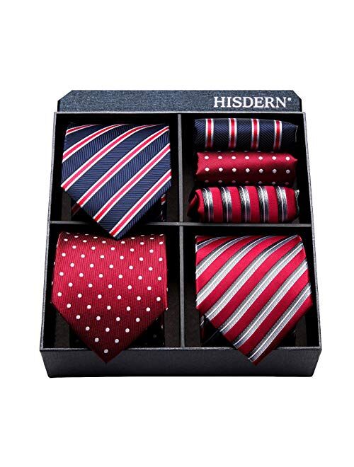 HISDERN 3 PCS Extra Long Tie Set, 63 Inch XL Necktie & Pocket Square + Gift Box
