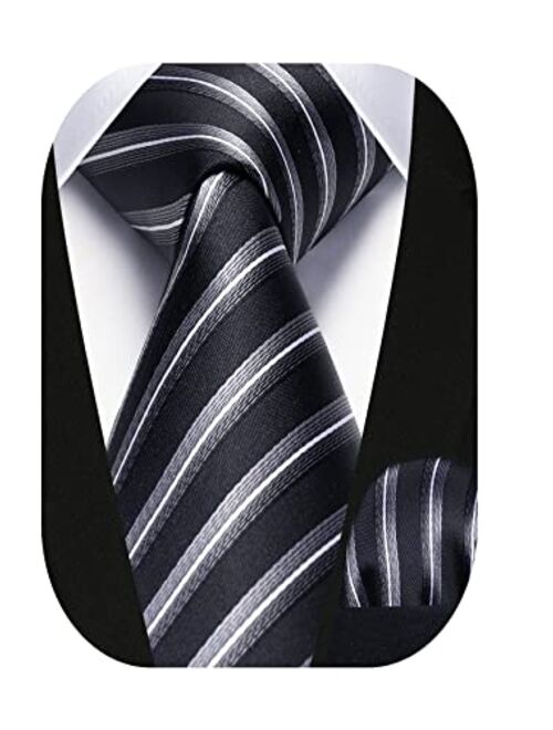HISDERN Stripe Tie Mens Ties and Pocket Square Set Classic 3.4'' Silk Formal Necktie Handkerchief for Business Wedding