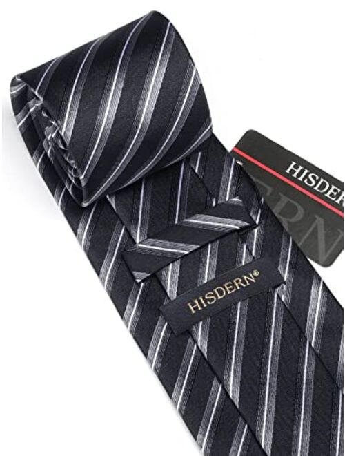 HISDERN Stripe Tie Mens Ties and Pocket Square Set Classic 3.4'' Silk Formal Necktie Handkerchief for Business Wedding