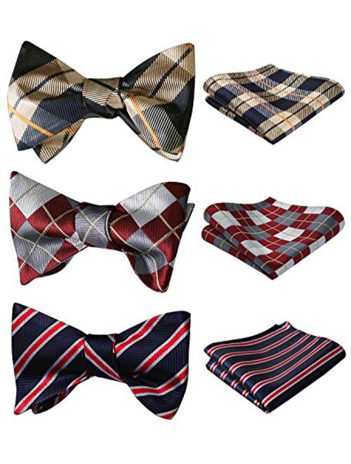 HISDERN 3 Packs Classic Men's Adjustable Self Tie Bow tie & Pocket Square Sets Good Gift for Men