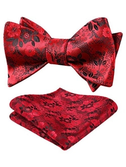 Men's Floral Jacquard Wedding Party Self Bow Tie Pocket Square Set Red