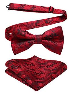 Men's Floral Paisley Classic Jacquard Pre-Tied Bow Tie &Pocket Square Set Satin Woven Bowtie for Wedding Party