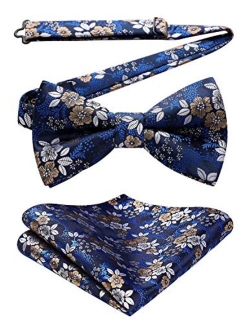 Men's Floral Paisley Classic Jacquard Pre-Tied Bow Tie &Pocket Square Set Satin Woven Bowtie for Wedding Party