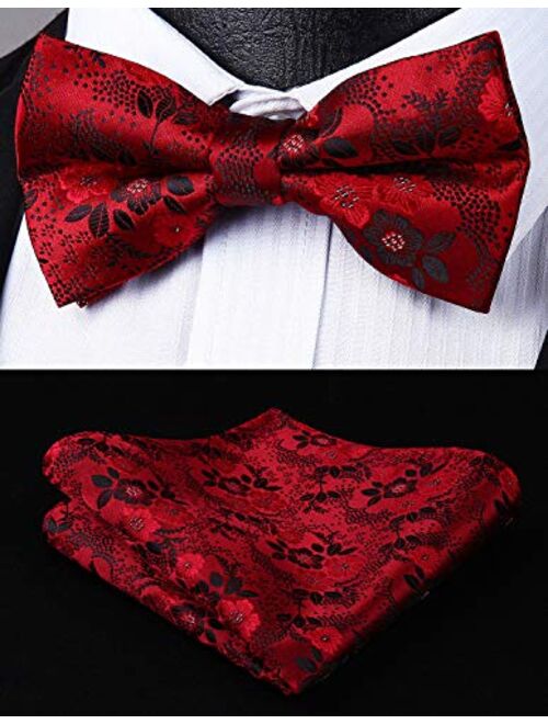 HISDERN Men's Floral Paisley Classic Jacquard Pre-Tied Bow Tie &Pocket Square Set Satin Woven Bowtie for Wedding Party