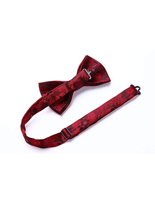 HISDERN Men's Floral Paisley Classic Jacquard Pre-Tied Bow Tie &Pocket Square Set Satin Woven Bowtie for Wedding Party