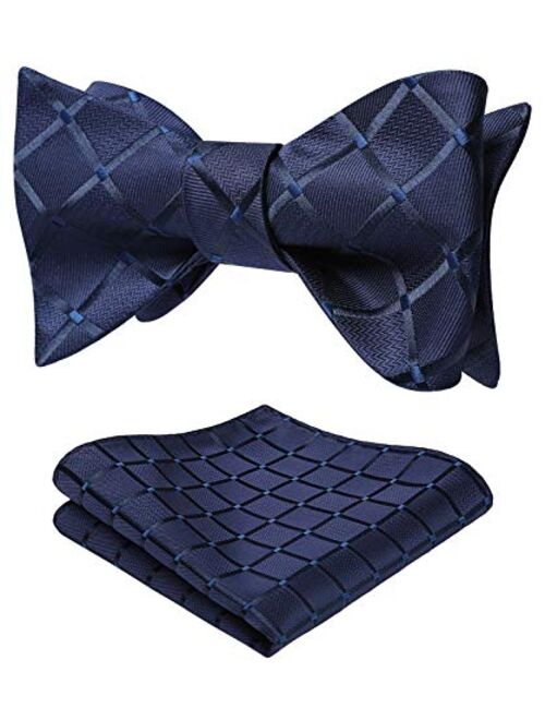HISDERN Men's Bow Tie Check plaid Polka Dots Formal Tuxedo Self Tie Bowtie With Pocket Square for Wedding Party