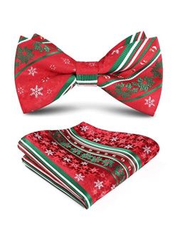 Christmas Bow Tie and Pocket Square Set Pre Tied Bowties for Men Xmas Festival Woven Bowtie with Handkerchief