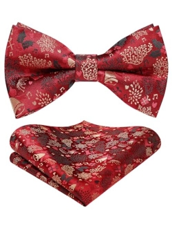 Christmas Bow Tie and Pocket Square Set Pre Tied Bowties for Men Xmas Festival Woven Bowtie with Handkerchief