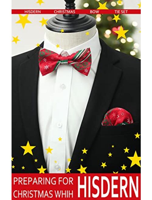 HSIDERN Christmas Bow Tie for Men Self Tied Pocket Square Set Festival Theme Pattern Handkerchief Party Wedding 