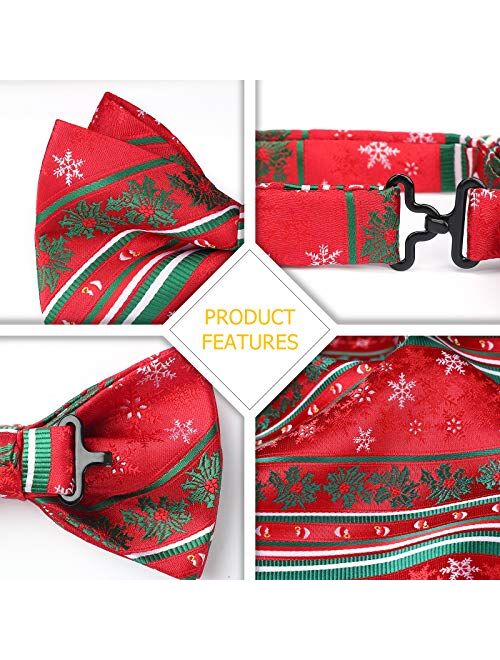 HISDERN Christmas Bow Tie and Pocket Square Set Pre Tied Bowties for Men Xmas Festival Woven Bowtie with Handkerchief