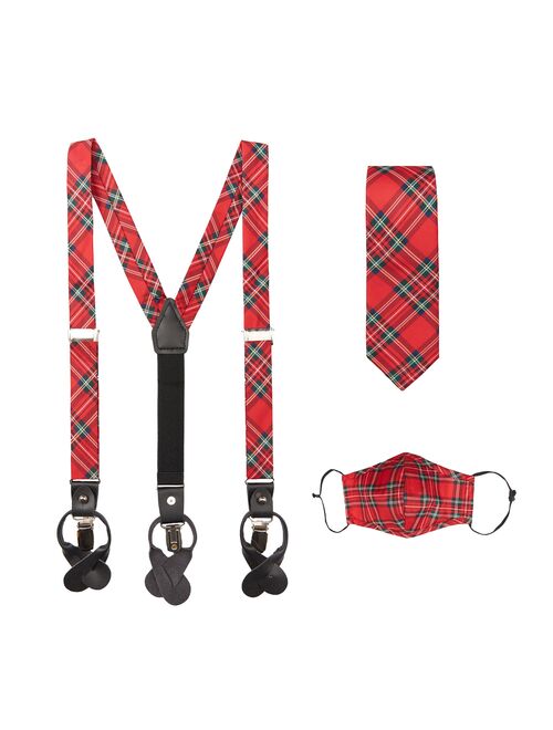 Jacob Alexander Red Christmas Plaid Boys' Suspenders Prep Neck Tie and Kids Face Mask Set