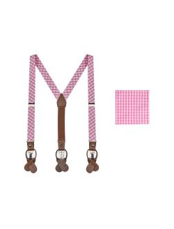 Boys' Gingham Checkered Pattern Suspenders and Pocket Square Set - Pink