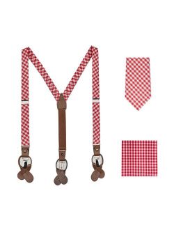 Boys' Gingham Checkered Pattern Suspenders Prep Neck Tie and Pocket Square Set - Red