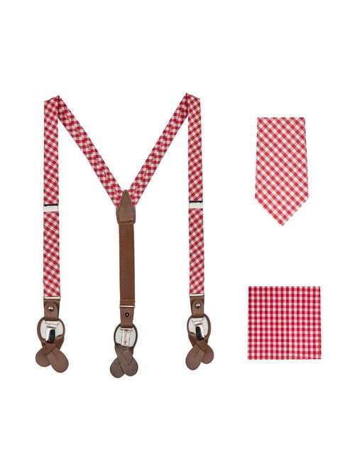 Jacob Alexander Boys' Gingham Checkered Pattern Suspenders Prep Neck Tie and Pocket Square Set - Red