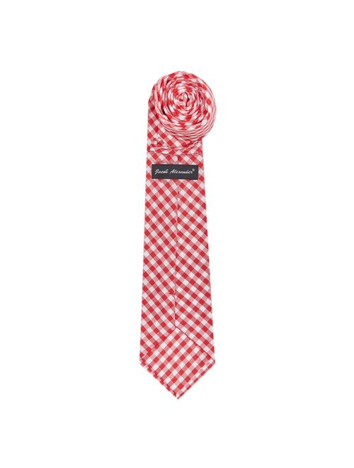 Jacob Alexander Boys' Gingham Checkered Pattern Suspenders Prep Neck Tie and Pocket Square Set - Red