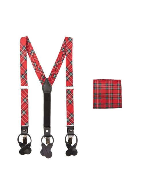 Jacob Alexander Red Christmas Plaid Boys' Suspenders and Pocket Square Set