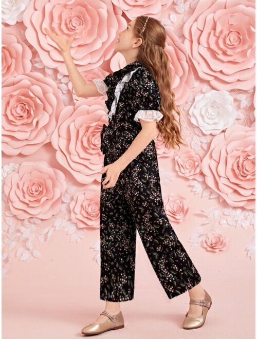 SHEIN Girls 1PC Floral Lace Trim Puff Sleeve Jumpsuit