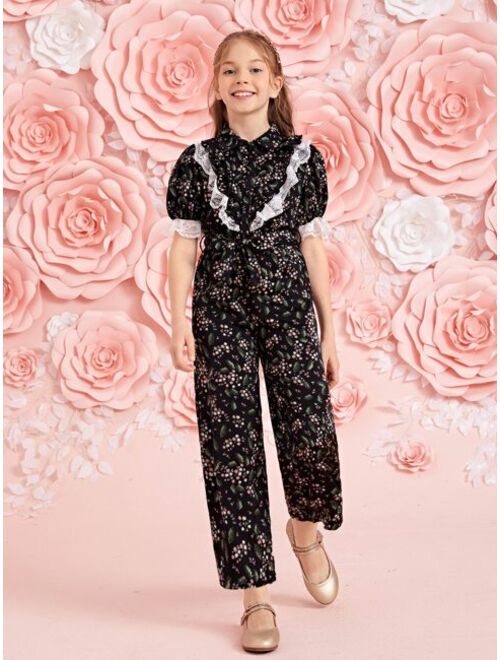SHEIN Girls 1PC Floral Lace Trim Puff Sleeve Jumpsuit