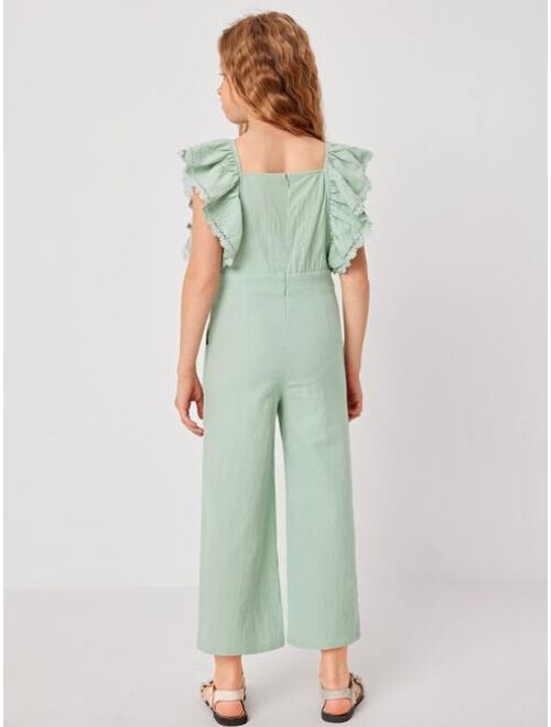 SHEIN Girls Floral Embroidered Ruffle Armhole Jumpsuit