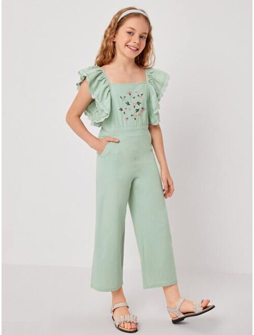 SHEIN Girls Floral Embroidered Ruffle Armhole Jumpsuit
