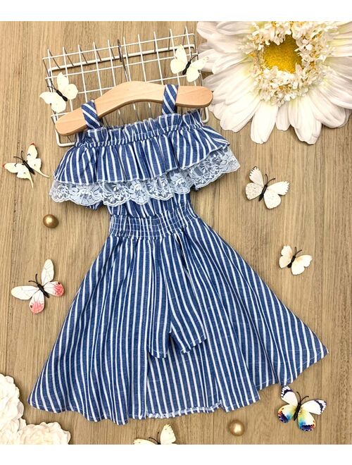 Blue & White Pinstripe Ruffle-Accent Off-Shoulder Jumpsuit - Toddler & Girls